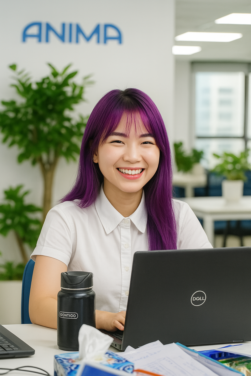 A woman looking at a laptop holding a mug.