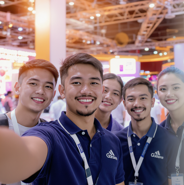 A team of five employees taking a selfie together at a conference.